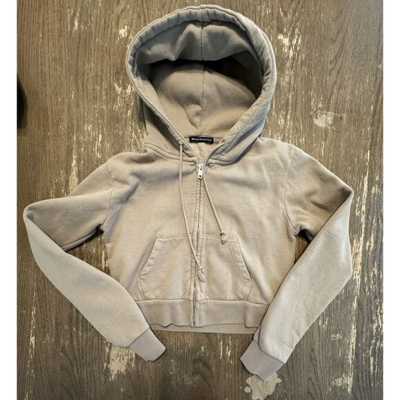 Brandy Melville Tan Hooded Cropped Full Zip Hoodie Sweatshirt O/S Y2K Hoodie - Picture 1 of 8